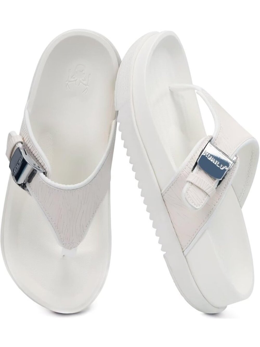 Women's White Faux Leather Summer Flip Flops Walking Beach Cushion Sandals